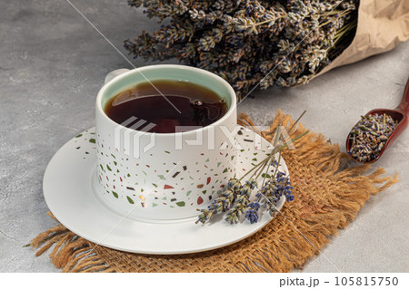 Bouquet of dried lavender, lavender soap, oil and candle tea. Healthy lifestyle, light background. 105815750