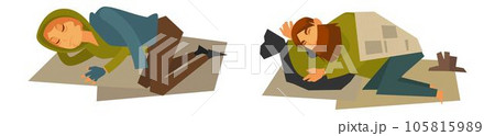 Homeless people sleeping on ground newspapers 105815989