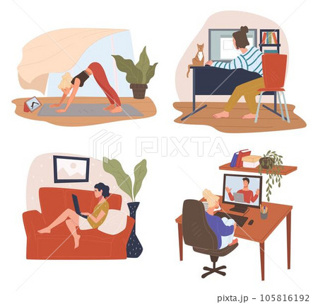 Leisure at home, doing yoga browsing on internet 105816192