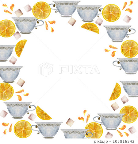 Watercolor hand drawn illustration. Tea cups lemon slices juice drops sugar cubes. Round wreath frame. Isolated on white background. For invitations, cafe, restaurant food menu, print, website, cards Watercolor hand drawn illustration. Tea cups lemon slices juice drops sugar cubes. Round wreath frame. Isolated on white background. For invitations, cafe, restaurant food menu, print, website, cards 105816542