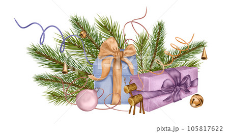 Composition of gift boxs, Christmas decorations digital illustration watercolor style isolated on white. Pine branch, deer, bells hand drawn. Element for holiday, 2024 new year greeting design 105817622