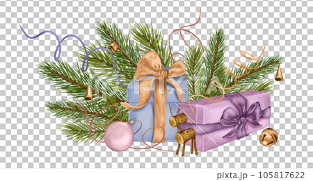 Composition of gift boxs, Christmas decorations digital illustration watercolor style isolated on white. Pine branch, deer, bells hand drawn. Element for holiday, 2024 new year greeting design Composition of gift boxs, Christmas decorations digital illustration watercolor style isolated on white. Pine branch, deer, bells hand drawn. Element for holiday, 2024 new year greeting design 105817622