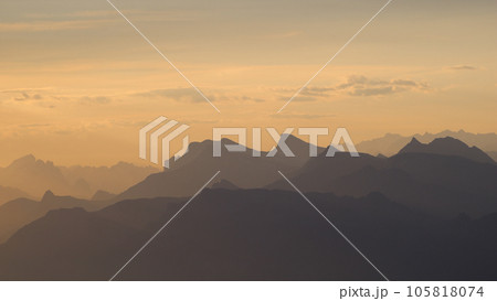 Mountain ranges in the Bernese Oberland at sunrise seen from Niesen Kulm. Mountain ranges in the Bernese Oberland at sunrise seen from Niesen Kulm. 105818074