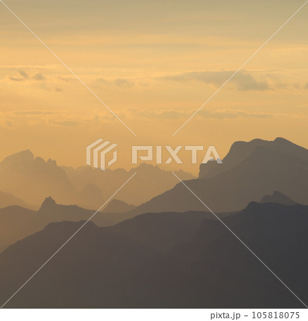 Outlines of mountain ranges in the Bernese Oberland seen from Niesen Kulm, Switzerland. Outlines of mountain ranges in the Bernese Oberland seen from Niesen Kulm, Switzerland. 105818075