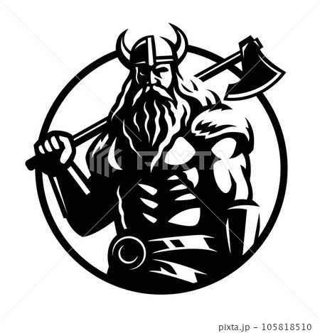 Viking warrior in a helmet and with an ax. Vector illustration. Viking warrior in a helmet and with an ax. Vector illustration. 105818510