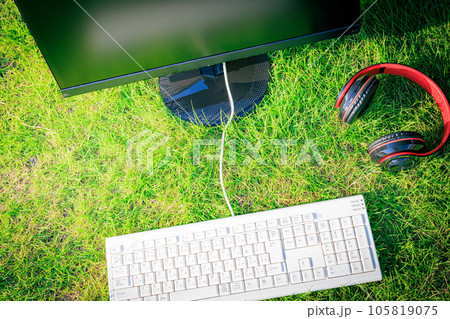自然の中での創造性：芝生オフィスのモニターとキーボード 105819075