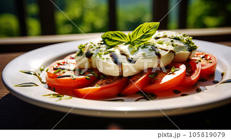 Traditional Italian dish Caprese salad on white plate on wooden table, sea view 105819079