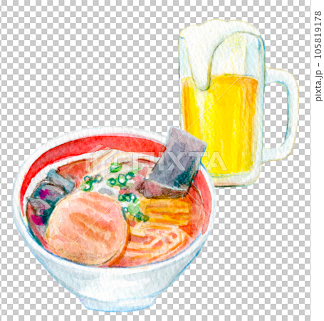 水彩插圖生啤酒和拉麵套裝 105819178