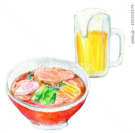水彩イラスト 生ビールとラーメンのセット 水彩イラスト 生ビールとラーメンのセット 105819179