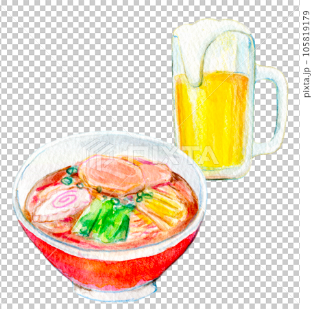 水彩イラスト 生ビールとラーメンのセット 水彩イラスト 生ビールとラーメンのセット 105819179