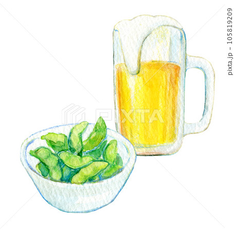 水彩イラスト　生ビールと枝豆のセット 105819209