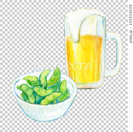 水彩イラスト　生ビールと枝豆のセット 105819209