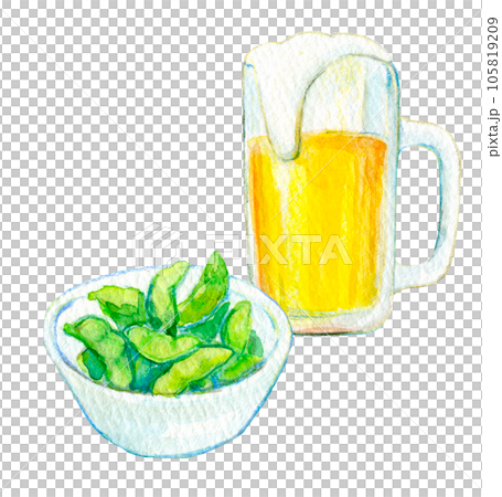 水彩イラスト　生ビールと枝豆のセット 105819209