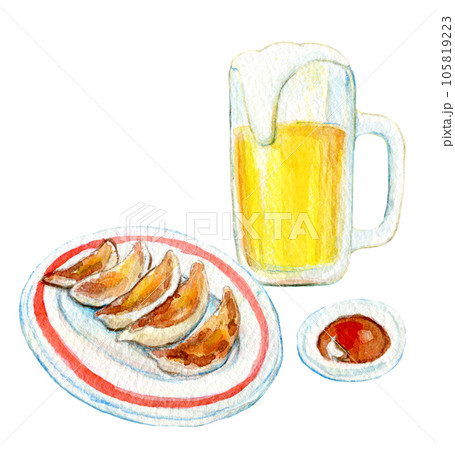 水彩イラスト　生ビールとギョウザのセット 105819223
