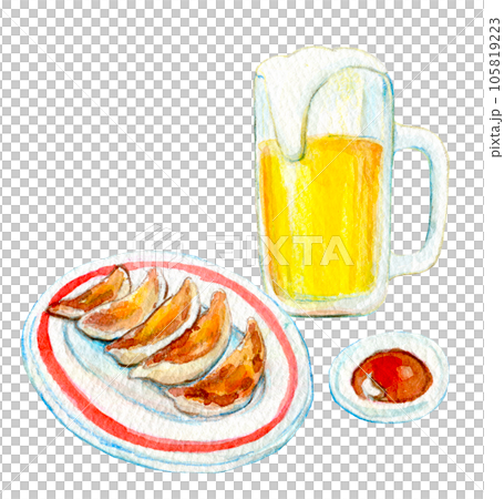 水彩イラスト　生ビールとギョウザのセット 105819223