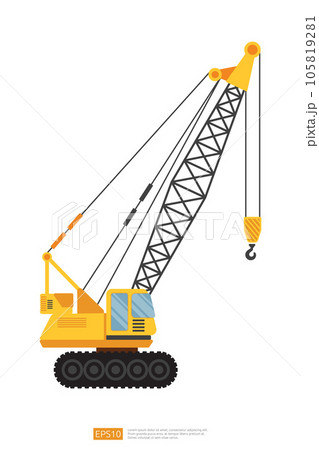 side view yellow Lifting crane vector illustration on white background. Isolated big heavy machinery equipment vehicle. Tower and harbor lifter flat cartoon construction and Industrial car icon side view yellow Lifting crane vector illustration on white background. Isolated big heavy machinery equipment vehicle. Tower and harbor lifter flat cartoon construction and Industrial car icon 105819281