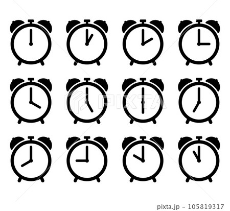 シンプルな目覚まし時計のアイコンの12時間セット 105819317