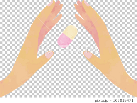 Pink medicine, pill capsules floating in the outstretched hands 105819471