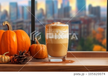A cup of coffee with fall leaves and pumpkin on the table. AI. High quality photo A cup of coffee with fall leaves and pumpkin on the table. AI. High quality photo 105820074