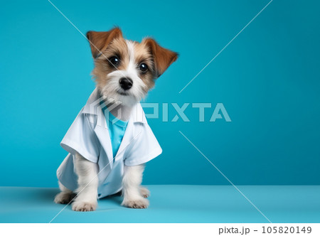 Dog in white coat sitting on blue background. Concept of medical care. High quality photo Dog in white coat sitting on blue background. Concept of medical care. High quality photo 105820149