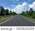 Image of new paved road in the daytime in the countryside painted yellow dividing line with trees, grass along the road, sky with white clouds 105820309