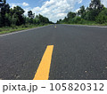 Image of new paved road in the daytime in the countryside painted yellow dividing line with trees, grass along the road, sky with white clouds 105820312