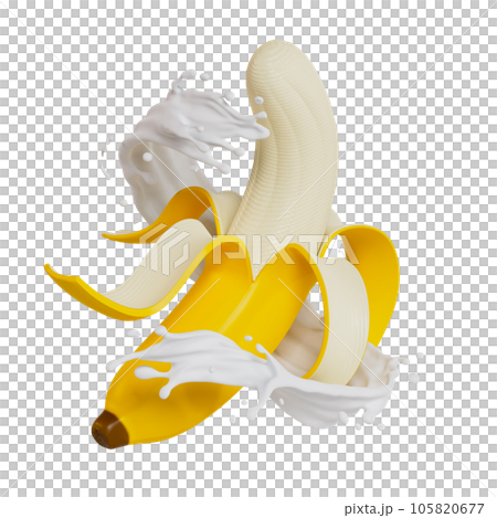 peeled bananas splashes milk isolated. 3D render illustration peeled bananas splashes milk isolated. 3D render illustration 105820677