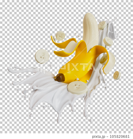 peeled bananas splashes milk isolated. 3D render illustration 105820681