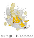 sliced banana splashes milk isolated. 3D render illustration 105820682