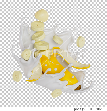 sliced banana splashes milk isolated. 3D render illustration 105820682
