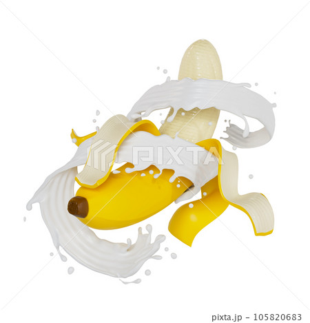 peeled bananas splashes milk isolated. 3D render illustration peeled bananas splashes milk isolated. 3D render illustration 105820683