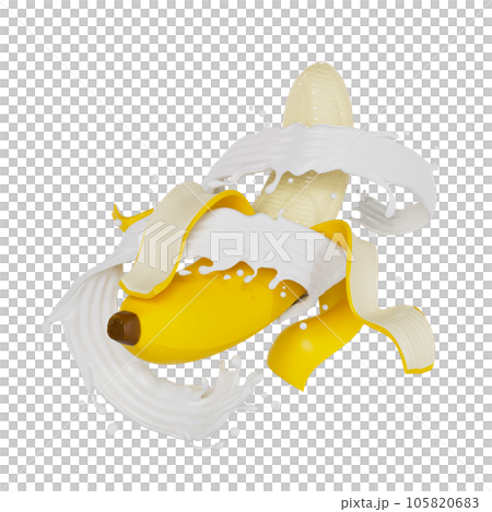 peeled bananas splashes milk isolated. 3D render illustration peeled bananas splashes milk isolated. 3D render illustration 105820683