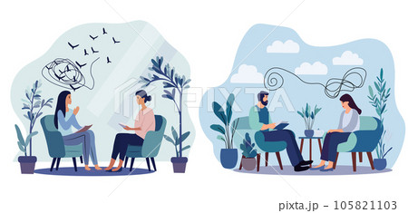 Counseling theme: A lady in a therapy session at a psychologists clinic. Conversation with a mental health professional about stress, addiction, and mind challenges. Vector. 105821103