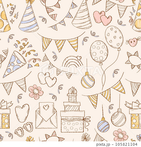 Holiday seamless pattern. Christmas balls, decor, balloons, flower, gifts and garlands on light beige background. Vector illustration in doodle style for wallpaper, packaging, festive design, textile Holiday seamless pattern. Christmas balls, decor, balloons, flower, gifts and garlands on light beige background. Vector illustration in doodle style for wallpaper, packaging, festive design, textile 105821104