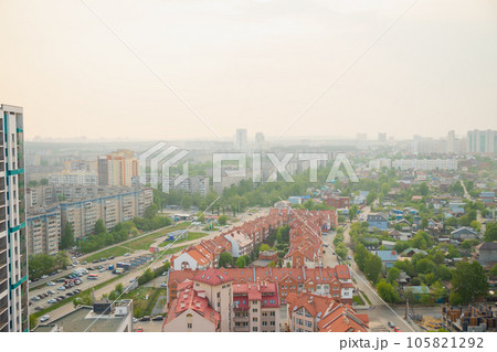 smog smoke over town. city panorama, townhouse, houses, trees, street. smoke from forest fires, bad ecology smog smoke over town. city panorama, townhouse, houses, trees, street. smoke from forest fires, bad ecology 105821292