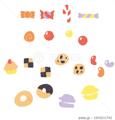 シンプルでかわいい色々なお菓子のカラーイラストセット シンプルでかわいい色々なお菓子のカラーイラストセット 105821742