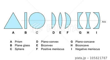 Different forms of simple lenses, and objects to refract rays of light. Prism and pane with plane surfaces, and a sphere, followed by convex (bulging outwards) and concave lenses (depressed inwards). 105821787