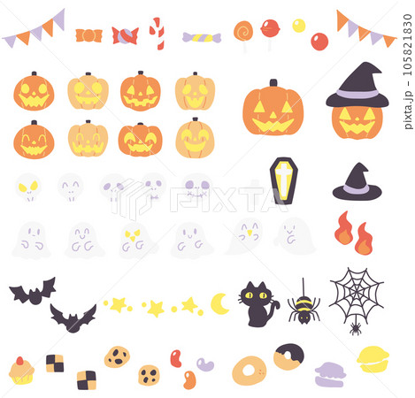 可愛くデフォルメしたハロウィンの小物カラーイラストセット 可愛くデフォルメしたハロウィンの小物カラーイラストセット 105821830