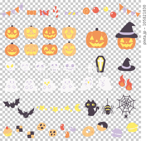 可愛くデフォルメしたハロウィンの小物カラーイラストセット 可愛くデフォルメしたハロウィンの小物カラーイラストセット 105821830