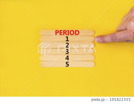 Time to period 1 symbol. Concept word Period 1 2 3 4 5 on wooden sticks. Businessman hand. Beautiful yellow table yellow background. Business planning and time to period 1 concept. Copy space. 105822355