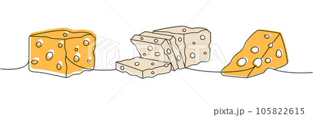 Set of cheese one line colored continuous drawing. Different types of cheese continuous one line illustration. Vector minimalist linear illustration. 105822615