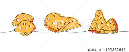Set of cheese products one line colored continuous drawing. Different types of cheese continuous one line illustration. Vector linear illustration. 105822616
