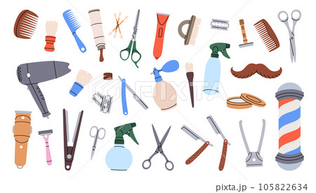 Hairdressing tool kit. Barber shop set. Barbershop equipments. Barber pole, razor blade, hair clipper, scissors, comb, dryer, spray bottle. Hairdressing tool kit. Barber shop set. Barbershop equipments. Barber pole, razor blade, hair clipper, scissors, comb, dryer, spray bottle. 105822634