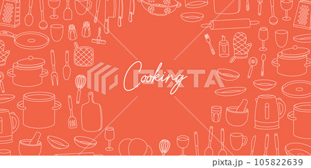 Kitchen utensils horizontal banner. Cooking tools, appliances, kitchenware, utensil. Ceramic plates, mug, cup, wineglass, frying pan, sieve, colander 105822639