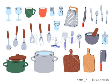 Kitchen utensils. Ceramic plates, mug, cup, wineglass, frying pan, sieve, colander, kitchen mitten, cooking glove, steel grater, mortar, rolling pin. 105822640