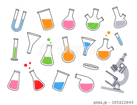 Laboratory glass equipment. Chemical and medicine lab measuring equipment. Conical flask, glass beaker, round bottom flask, filter funnel, microscope. 105822643