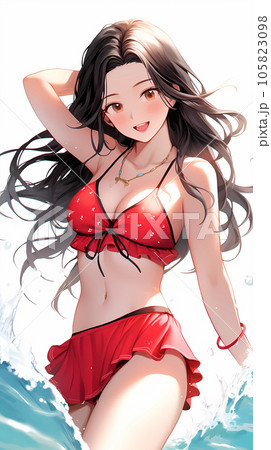 絵　手描き　ドローイング　赤いビキニ姿の女性 赤い水着を着た女性イラスト - No: 23866425｜無料イラスト・フリー