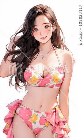 絵　手描き　ドローイング　赤いビキニ姿の女性 赤い水着を着た女性イラスト - No: 23866425｜無料イラスト・フリー