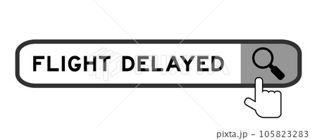 Search banner in word flight delayed with hand over magnifier icon on white background 105823283