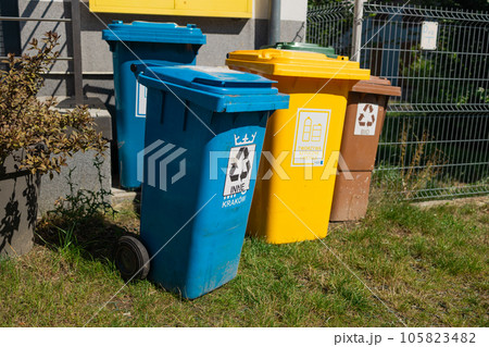 Recycle rubbish waste management people. Waste separation rubbish to garbage bin, environment care pollution trash recycling management concept. 105823482